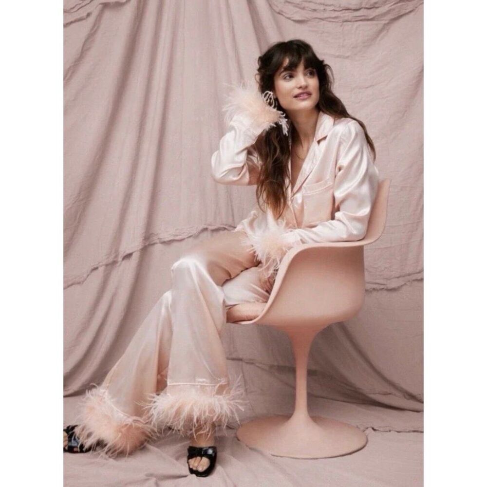 Nasty Gal Satin Feather Pajama Shirt and Pant Set Bridal Bridesmaid Pink 8